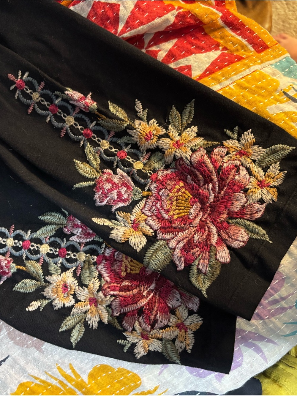 Johnny Was Black Leggings with Multicolor Floral Embroidery - Picture 3 of 5